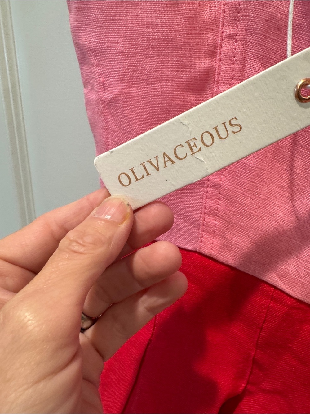 Olivaceous Pink and Red Linen Colorblock Romper - Picture 4 of 6
